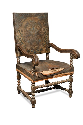Lot 394 - A French 17th century style oak and leather upholstered armchair, 19th century