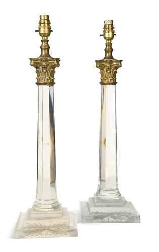 Lot 458 - A pair of cut glass column table lamps, 20th century