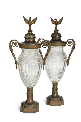 Lot 479 - A pair of French cut glass and ormolu mounted pedestal vases and covers, 19th century