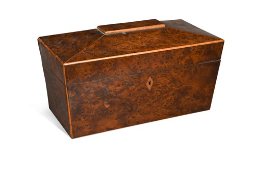 Lot 834 - A Regency burr yew wood sarcophagus tea caddy