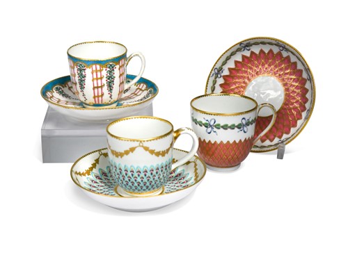 Lot 485 - Three Chelsea-Derby coffee cups and stands, circa 1775