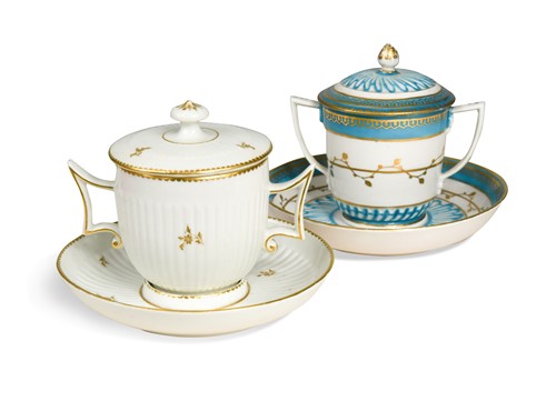 Lot 468 - Two Chelsea-Derby chocolate cups, covers and stands, circa 1775