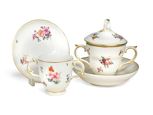 Lot 473 - A Chelsea-Derby two-handled chocolate cup, cover and stand, circa 1770