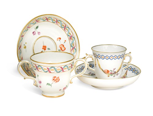 Lot 475 - Two Chelsea-Derby chocolate cups and stands , circa 1775