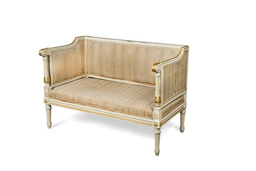 Lot 686 - A small Neo-classical style white painted and parcel gilt canape, late 19th century