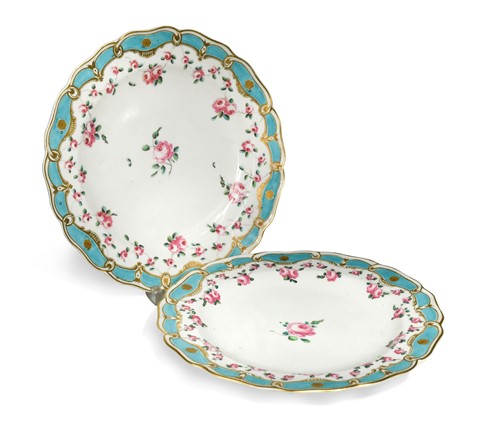 Lot 478 - A set of four Chelsea-Derby shaped circular plates, circa 1775