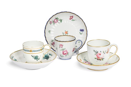 Lot 466 - Five Chelsea-Derby coffee cups and stands, circa 1775