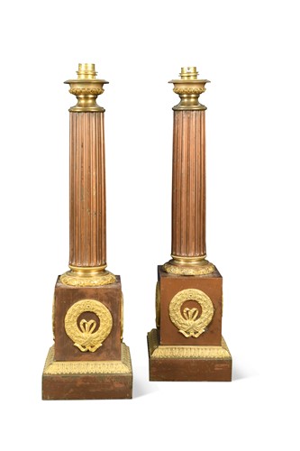 Lot 593 - A pair of Empire style toleware table lamps, early 20th century