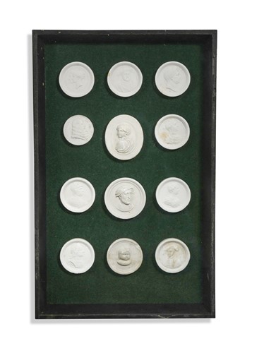 Lot 501 - A cased set of twelve plaster cameos, 19th century and later