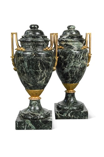 Lot 507 - A pair of verde antico marble and gilt metal mounted urns,  late 19th century