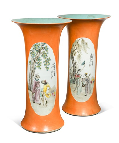 Lot 473 - A pair of large Chinese porcelain cylindrical vases, Republic Period