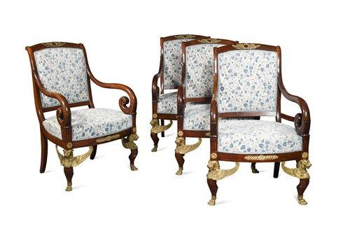 Lot 589 - A set of four Empire style gilt metal mounted salon chairs, circa 1900