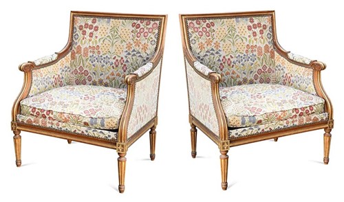 Lot 581 - A pair of French beech and gilt painted bergère armchairs, early 20th century