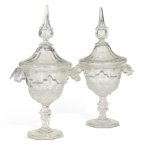 Lot 564 - A pair of glass vases and covers, possibly Irish, 19th century