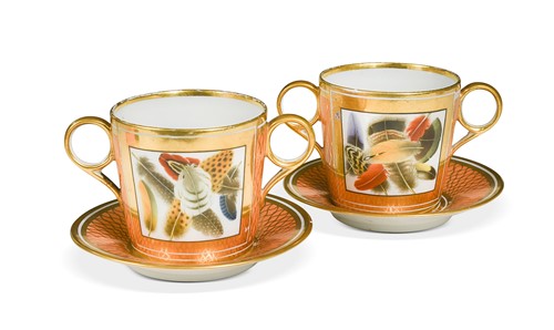 Lot 674 - A pair of Chamberlain's Worcester two-handled cabinet cups and saucers, circa 1815