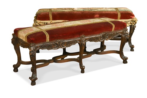 Lot 336 - A near pair of William & Mary style carved wood stools, 19th century
