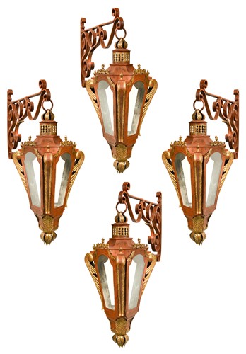 Lot 435 - A set of four red-painted and gilt-metal Venetian hanging lanterns, 19th century