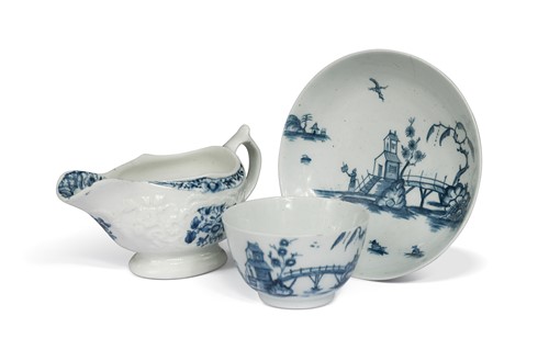 Lot 396 - A Lowestoft blue and white moulded cream boat, circa 1775