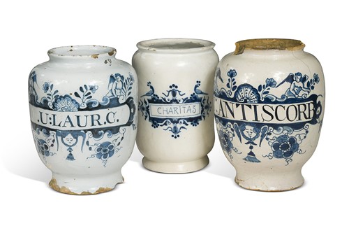 Lot 311 - Three Delft blue and white drug jars, 17th or 18th century