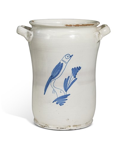 Lot 358 - A blue and white tin glazed earthenware two-handled confit pot, 19th century