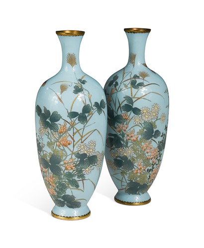 Lot 53 - A pair of Japanese duck egg blue cloisonne vases, late Meiji Period