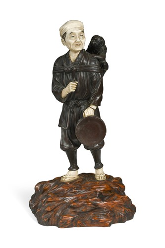 Lot 57 - A Japanese bronze and ivory figure of a traveller, late Meiji Period, circa 1900