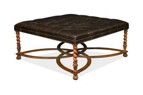 Lot 386 - A large walnut leather upholstered stool, 20th century