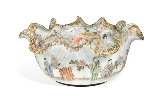 Lot 33 - A Japanese Kutani large porcelain lotus bowl, late Meiji Period, circa 1900