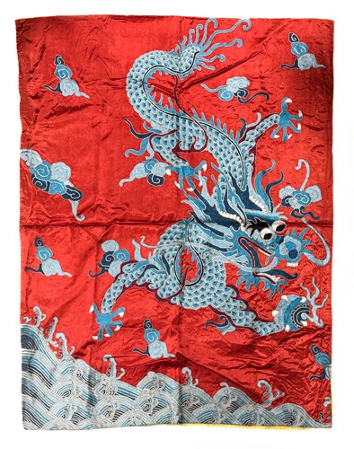 Lot 52 - Three Chinese silk-embroidered dragon panels, 20th century
