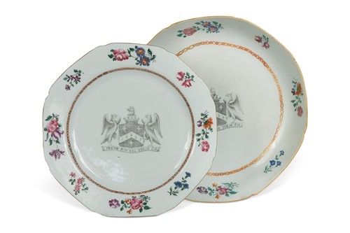 Lot 13 - A Chinese export armorial porcelain serving dish and a dinner plate, Qing Dynasty, circa 1770