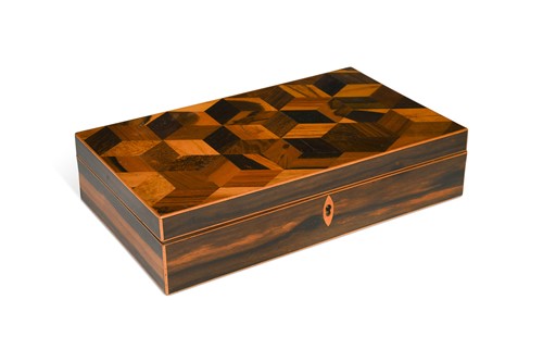 Lot 372 - An ebony and parquetry games box, 19th century