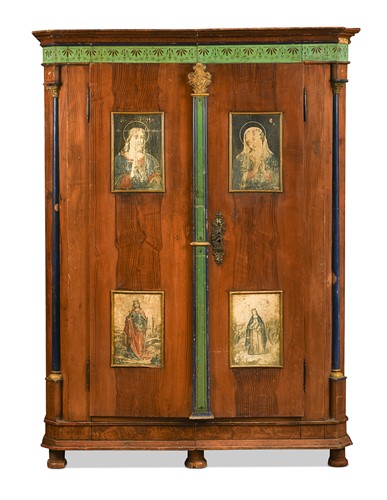 Lot 308 - A Continental pitch pine painted marriage cupboard, mid-19th century