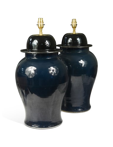 Lot 391 - A pair of dark blue Chinese ceramic lamps, 20th century
